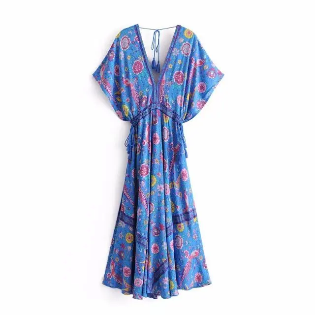 BOHOFREE богемное праздничное платье Mujer Ретро бохо шик хиппи Макси платье с v-образным вырезом цветочный хлопок Vestidos женское длинное платье Новинка - Цвет: Синий