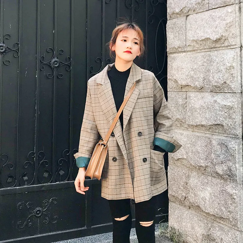 

2019 Classic Plaid Double Breasted Women Jacket Blazer Notched Collar Female Suits Coat Fashion Houndstooth Outwear X643