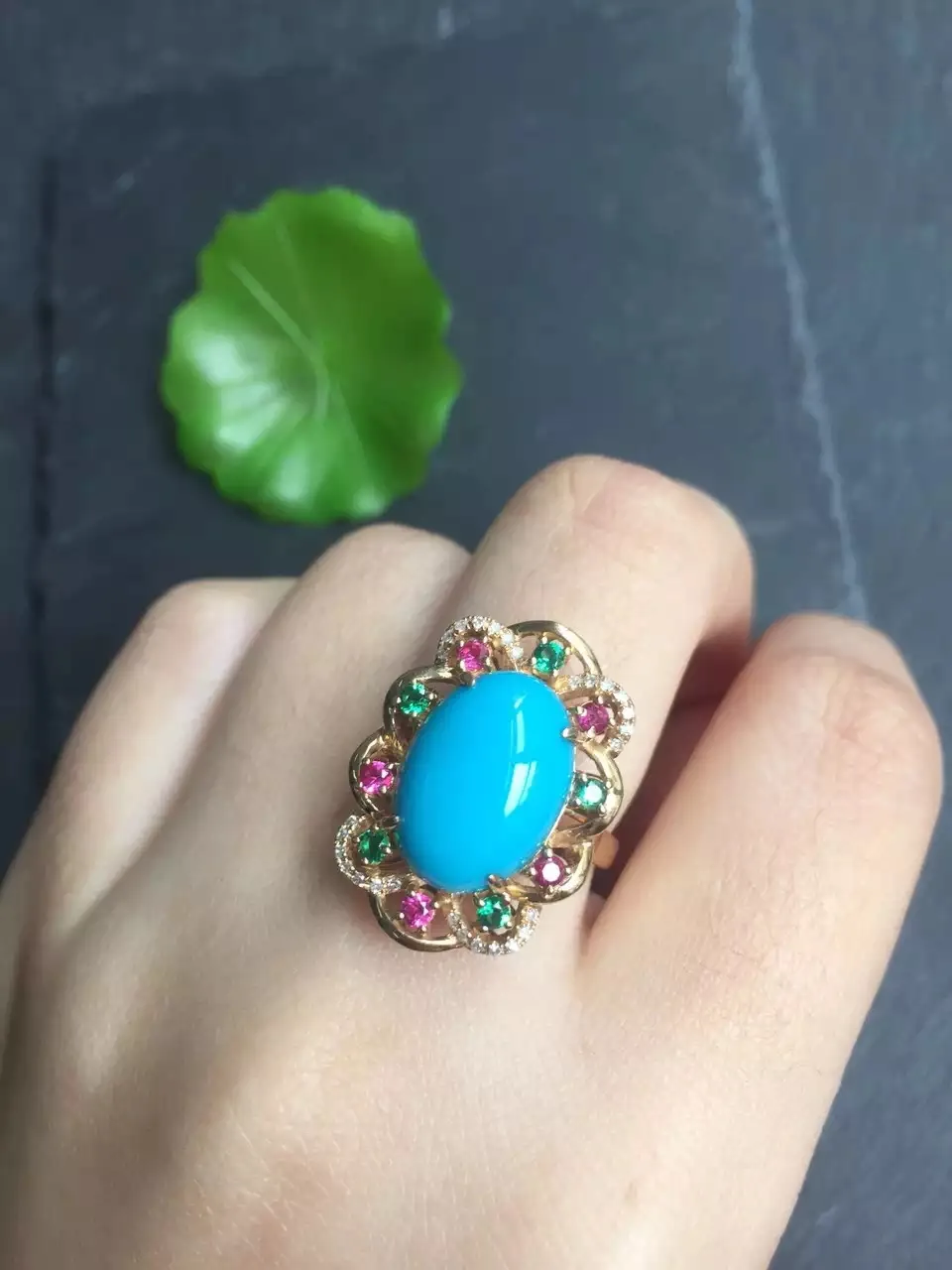 Fine Jewelry real G18k Rose Gold 18K Solid Gold 100% Natural Turquoise Gemstones Gold Diamonds Female Casual Sporty Rings