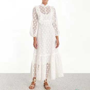 

New White Women's Lace Dress Puff Sleeve Stand Collar Ladies Banquet Dresses Hollow Ruffled Long Sleeve Dress