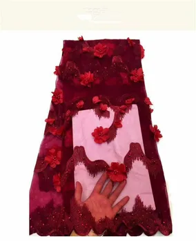 

Green Aubergine French Tulle Lace Fabrics With Beads Nigerian 3D Appliqued Flowers Net Tulle Lace Fabric For African Dresses Red