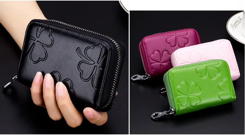 Lomelobo Lady Flower Card Holder Split Leather Girl Zipper Coin Purse Women Business Card Cowhide Female Credit ID Cards Wallets HCL7132  Details (11)