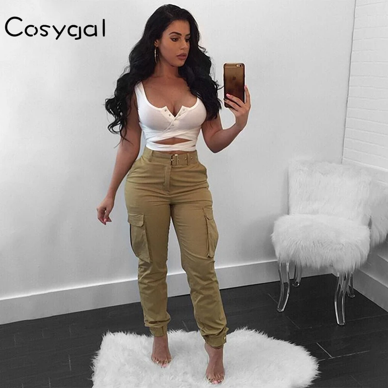 

COSYGAL Solid High Waist Casual Women Pants Perfect Fitted Pencial Pants Classic Belt Pleated Harem Pants With Pockets