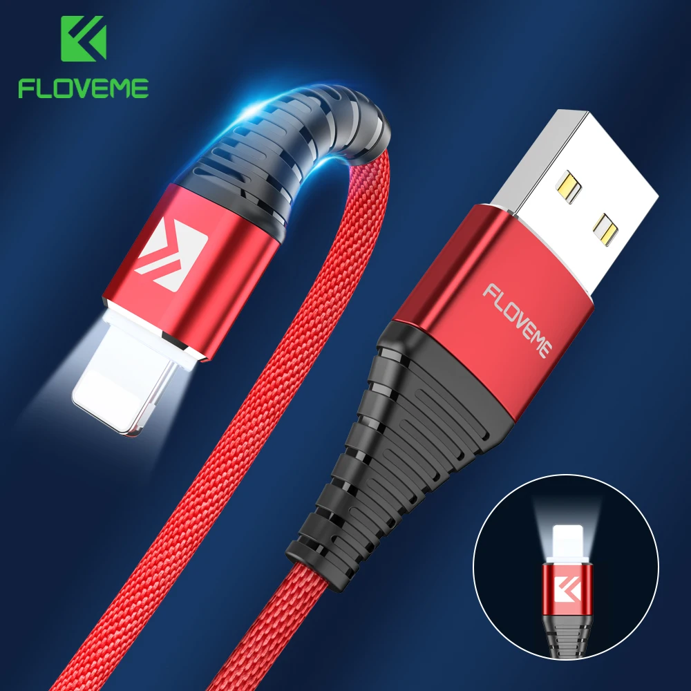 FLOVEME LED كابل يو اس بي شاحن آيفون X XS ماكس XR 8 7 5 5 s se ipad 2A سريع كابل شحن بيانات سلك مهايئ الهاتف المحمول سلك