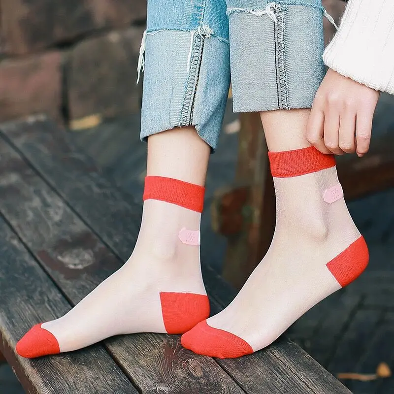 

Women Crystal Silk Socks colorful Transparent Thin funny band Aid Silk Socks Nylon Fashion Ladies Summer Short Ankle