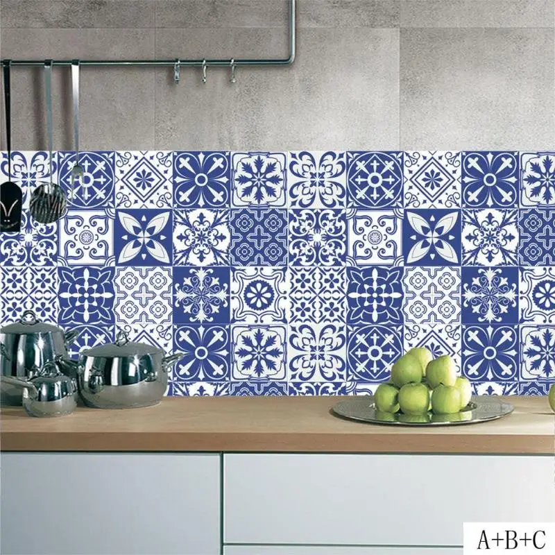 

Mediterranean Style Flower Square Self-Adhesive PVC Tile Stickers White Blue Retro Floral Tile Wall Sticker For Kitchen Bathroom