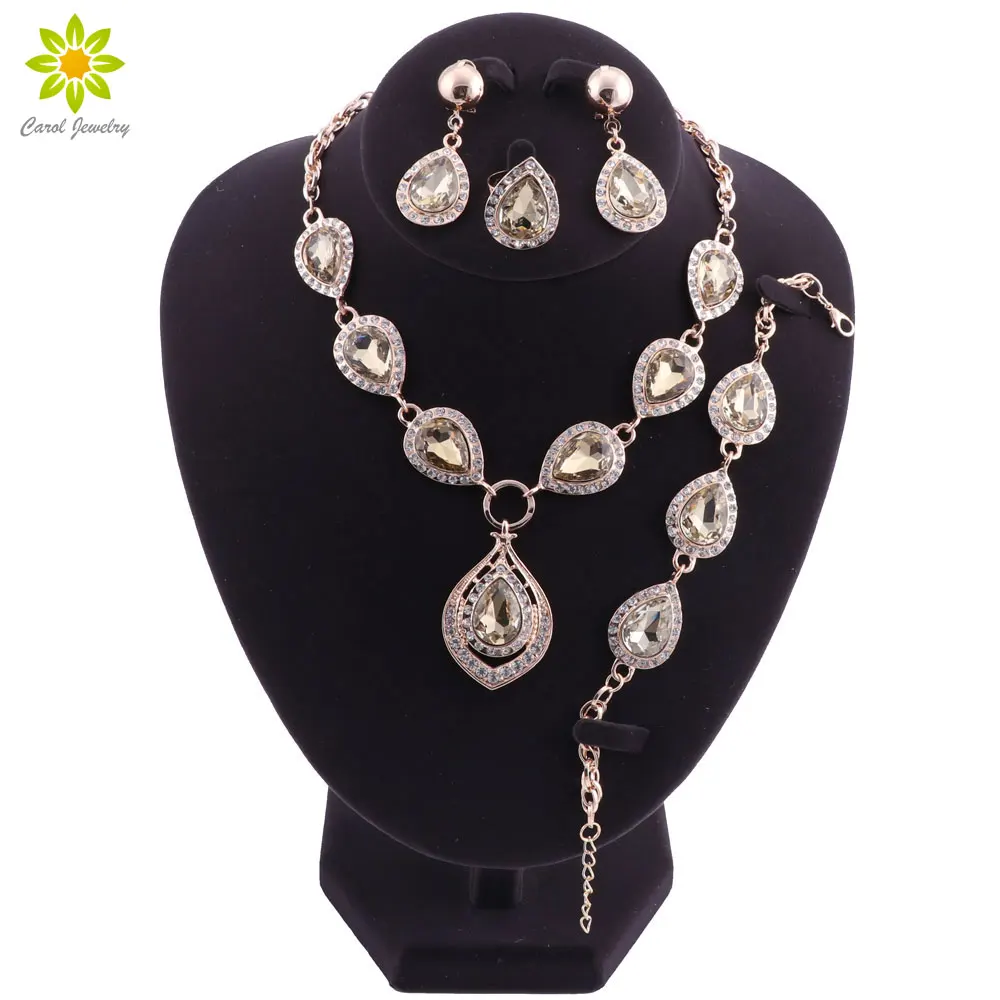 

Gold Color Crystal Water Drop Jewelry Sets For Women Wedding Accessories Earrings/Pendant/Necklace/Rings/Bracelet