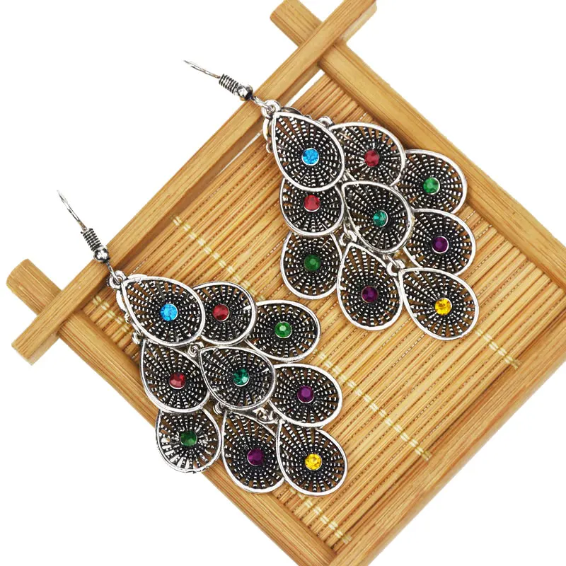 

Bohemian Crystal Dangle Earrings For Women Ethnic Alloy Colorful Peacock Feather Water Drop Rhinestone Earrings Fashion Jewelry