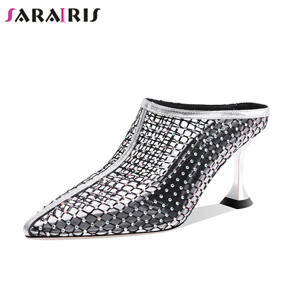 

SARAIRIS Brand New INS Hot Crystal Hollow Ladies High Heels Pointed Toe Shoes Woman Casual Party Sexy Summer Mules 2019