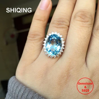 

SHIQING 100% gesmtone nature big huge topaz 925 sterling silver floral 12*16mm luxury rings for women