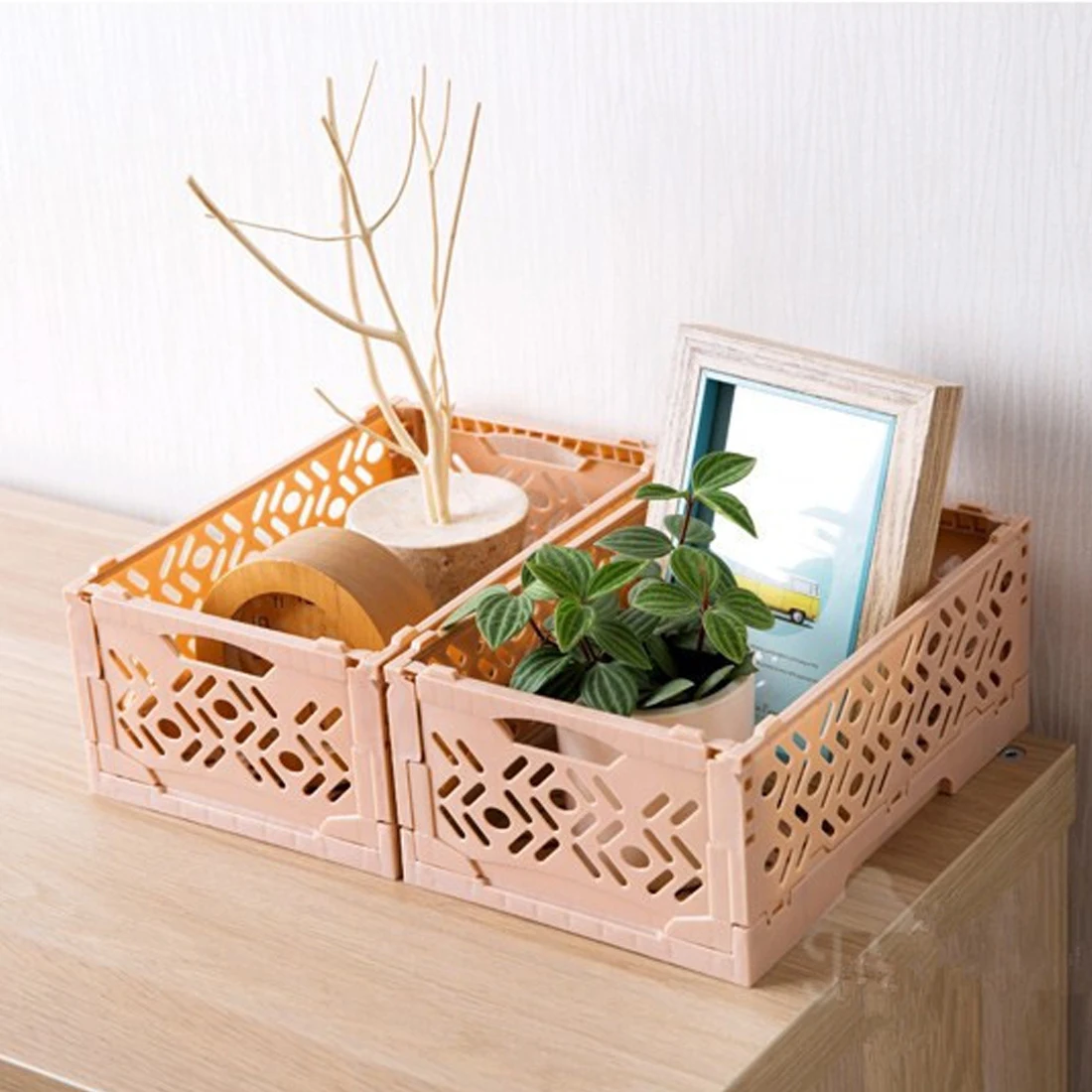 

New Foldable Plastic Stackable Storage Basket Makeup Organizer Houseohld Table Top Sundries Organizer Basket