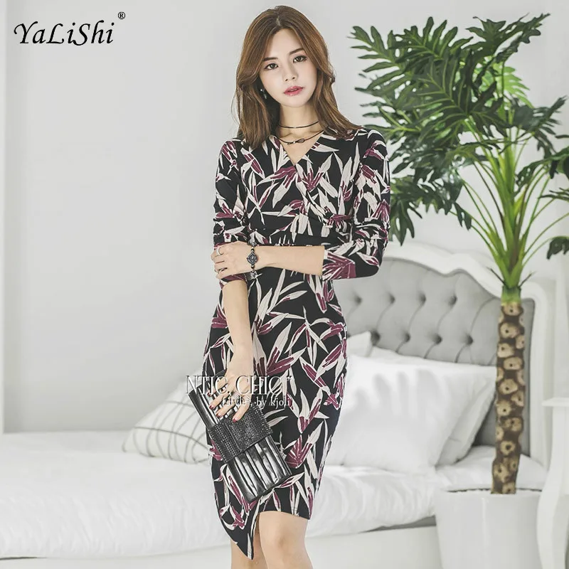 

Plus Size Asymmetrical Dress Women Autumn Black Print Full Sleeve V-neck Casual Club Wrap Dress Office Floral Dresses Vestidos