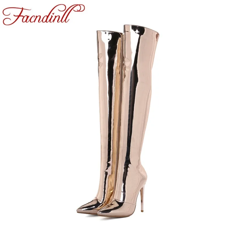 

plus size woman over the knee boots winter sexy super high heels shoes gold silver metal patent leather thigh high boots woman