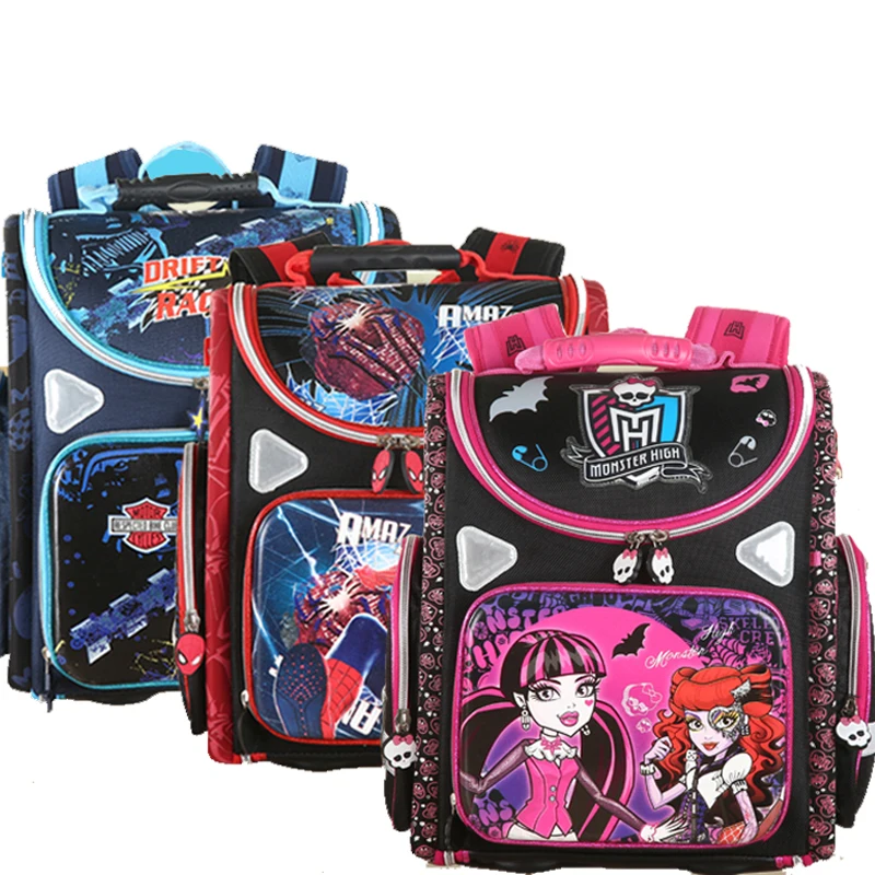 

New high quality School Bags Orthopedic motecylce plane spiderman monster highs Children School Backpack Primary school bag