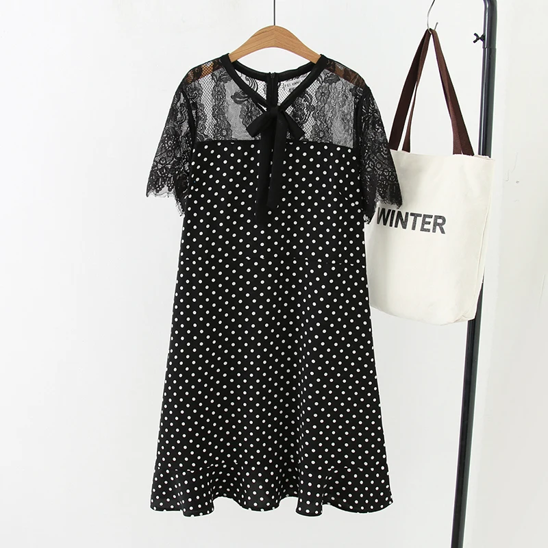 

Plus size lace patchwork black dot women dress 2019 Casual summer bow collar short sleeve ladies mermaid vestido female 4XL