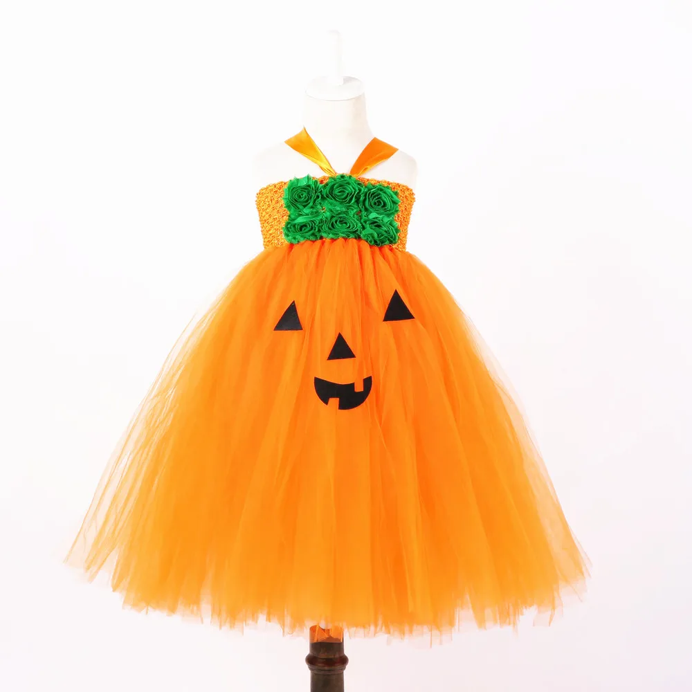 Orange Pumpkin Pattern Halloween Witch Outfit Tutu Dress Halloween Costumes for Teens Vampirina Birthday Mid Calf Flower Dress (5)
