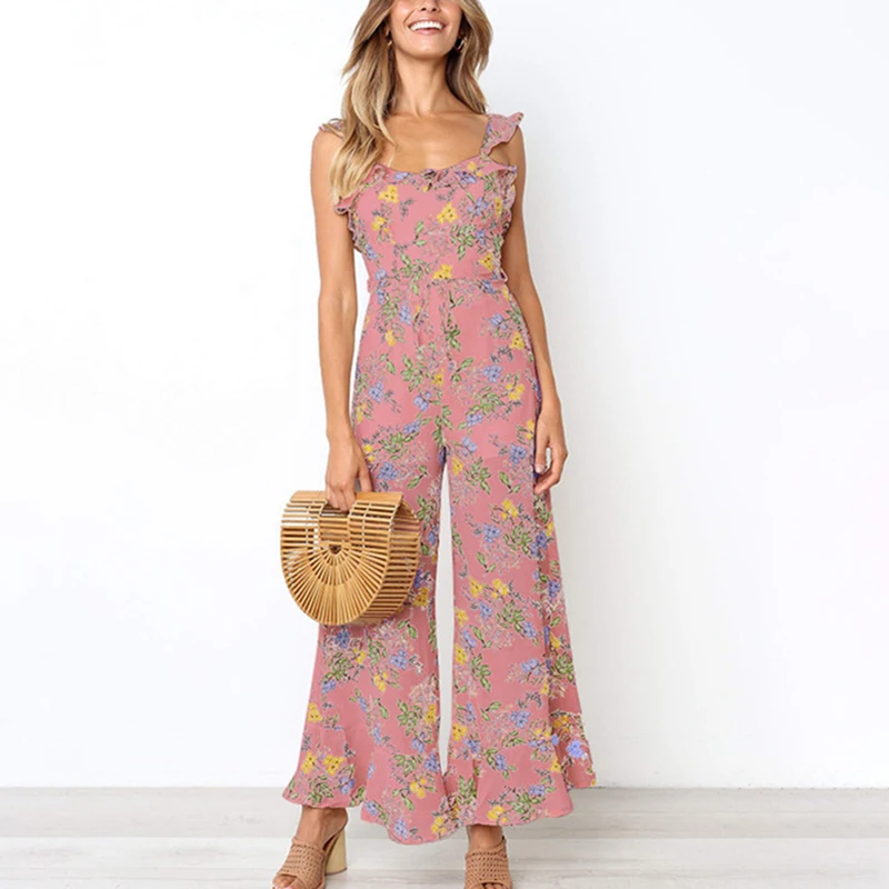 DORVIVON Chiffon Foral Print Jumpsuits Women 2019 Summer Ruffles Backless Sexy Wide Leg Long Pants Jumpsuit Casual Rompers Femme