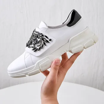 

MLJUESE 2019 fashion sneakers Cow leather Hook&Loop shoes autumn spring white color Vulcanize Shoes platform sneakers size 34-40