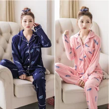 Весенне-осенний женский хлопковый пижамный комплект с рисунком перьев и длинными рукавами, ночная рубашка, одежда для сна