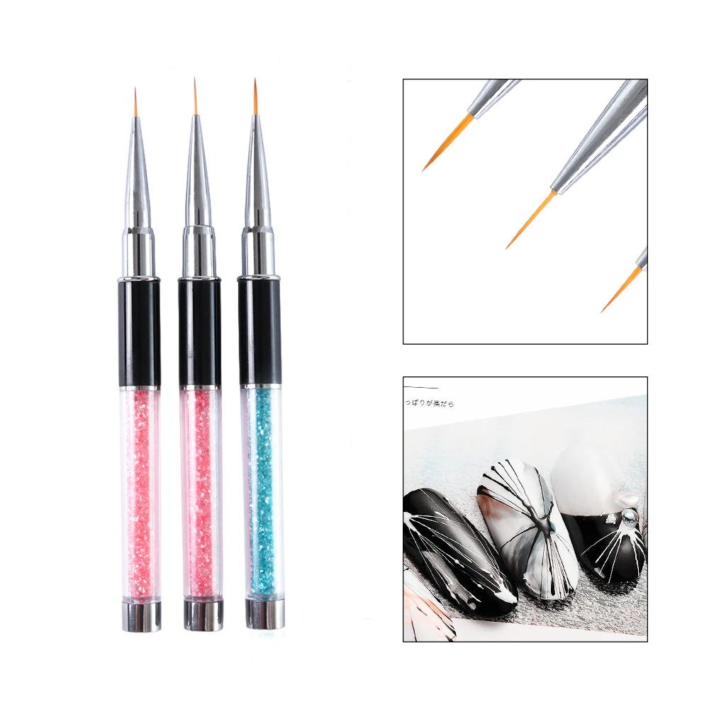 3 pcs/set Nail Art Painted Lines Brushes Nylon Hair Pink Blue Crystal Acrylic Handle Nail Brush Liner Pen Manicure Tools TRP01