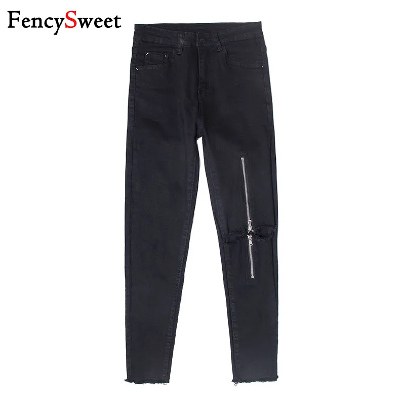 FencySweet черный Рваные джинсы для Для женщин узкие брюки-карандаш Высокая талия с