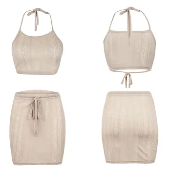 

Women Solid Color Backless Strappy Crops Top + Bodycon Tight Skirt BMF88