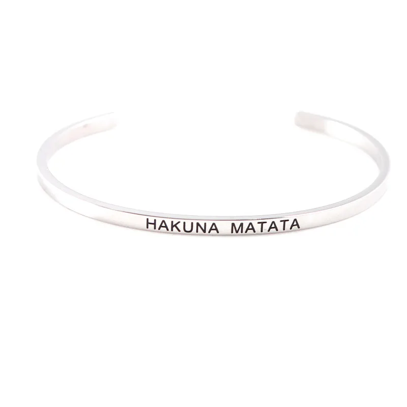 

New 3.2mm Stainless Steel Bar Bangle Engraved HAKUNA MATATA Inspirational Quote Cuff Mantra Bracelet For Women