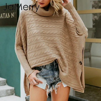 

JaMerry Vintage turtlneck knitted women cloak sweater Bat sleeve autumn winter female pullover sweater Side split camel jumper