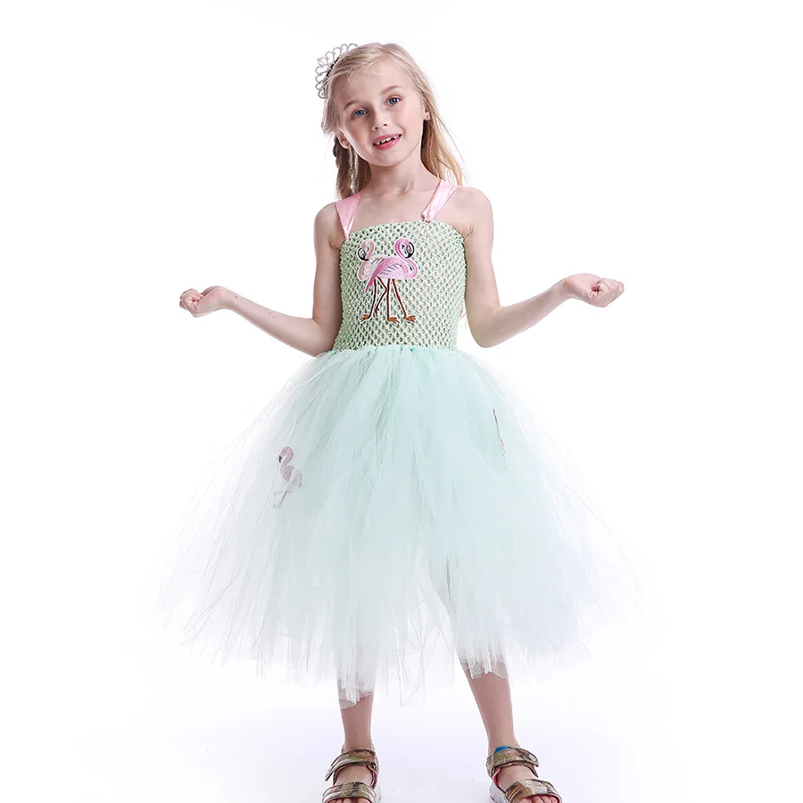 Kids Flamingo Pattern Tutu Dress Summer Girls Princess Ankle Length Tulle Clothes (6)