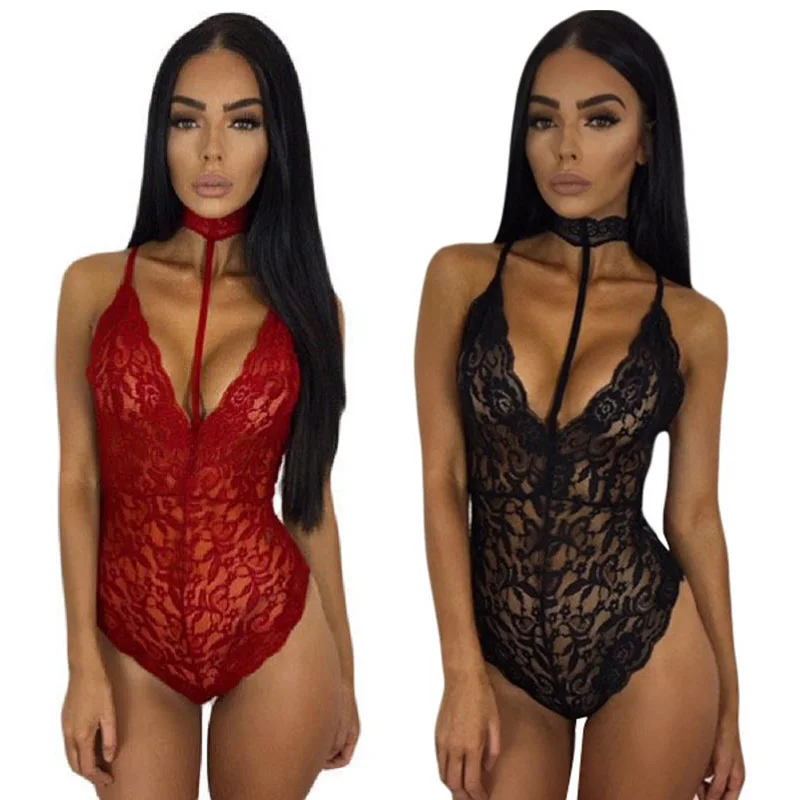 SEBOWEL Hot Sexy Lace Bodysuit Women Choker Neck See Through Skinny Body Jumpsuit Ladies Romper Combinaison Shorts Playsuits