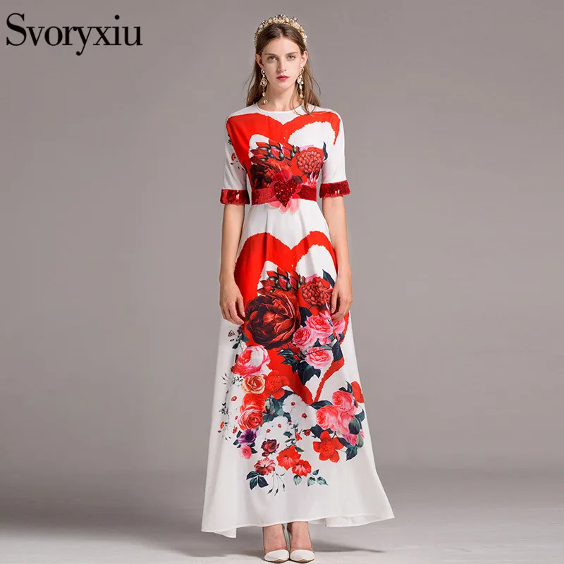SVORYXIU Designer Half Sleeve Maxi Dress High Quality Flower Floral Printing Sequined Summer White Long Dress long-floral-maxi : image SVORYXIU Designer Half Sleeve Maxi Dress High Quality Flower Floral Printing Sequined Summer White Long Dress long-floral-maxi