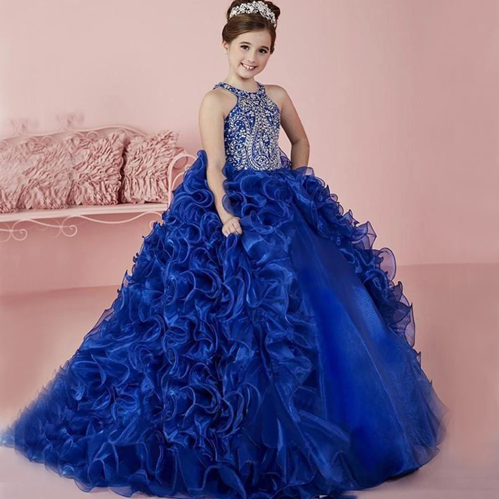 Коллекция года, ярко-синие платья для маленьких девочек Пышное Платье без рукавов для девочек Детские бальные платья, украшенные стразами, Vestidos de Comunion От 0 до 12 лет