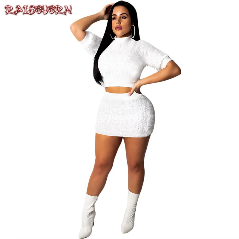 

RAISEVERN 2 Two Piece Set Women Clothes Autumn Spring Warm Half Sleeve Crop Tops+Bodycon Skirts Suit Sexy White Matching Sets