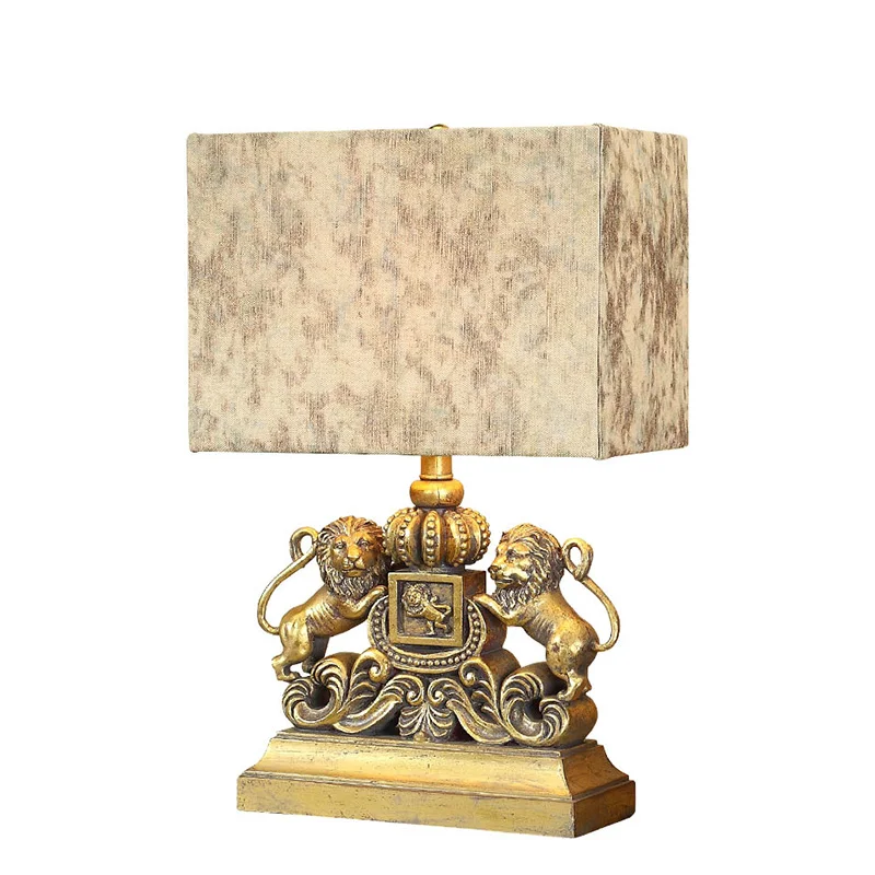 Vintage European Loyal Handmade Resin Lion Fabric Led E27 Table Lamp For Living Room Study Deco H 58cm 80-265v 1257