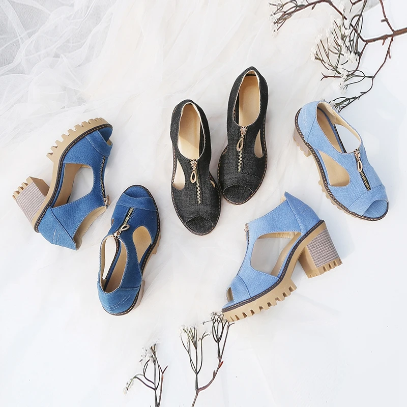 ASILETO/женские туфли-лодочки из джинсовой ткани на молнии, босоножки на высоком квадратном каблуке с открытым носком, римские сандалии-гладиаторы, синие джинсы, босоножки на платформе