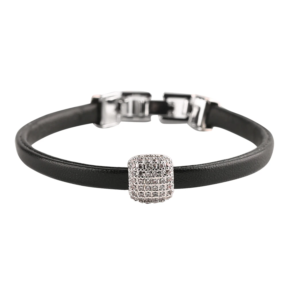 

Geometric Black Leather Charm Bracelet Men Punk Style Fashion Casual Square Crystal Pendant Prong Setting Bangles Band Gift
