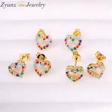 10 пар, Радуга cz микро проложить сердце форма, золотистый цвет выложенный циркон камень цвет красочные кристалл маленькие серьги-гвоздики женские серьги