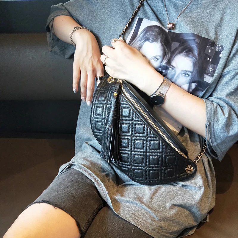 

Genuine Leather Women Messenger Bag Chain Shoulder Bags Crossbody Bags for Ladies Black Dianmond Lattice Handbags