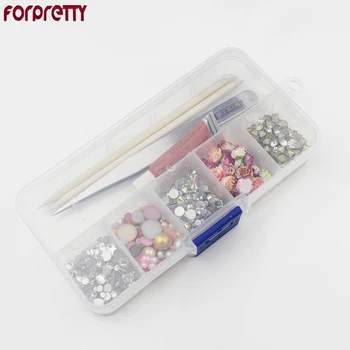 

Nail Art Forpretty Rhinestones Glitter Mix Para Unha Half-Pearl Strass Adesivo Glue Adhesive 3D DIY Tool Box Crystals Pegamento