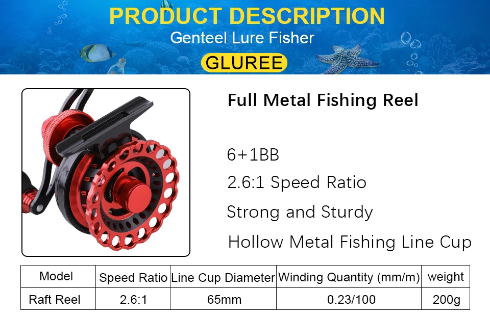 GLUREE Fishing Rafts Saltwater Fly Fishing Reel Metal Line Cup 6+1BB 2.61 RedBlack LeftRight Hand Bait Casting Ice Front Wheel (9)