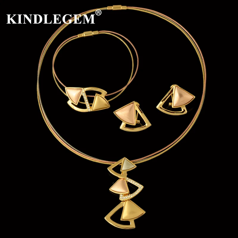 Kindlegem Luxury Italy 750 Gold Three Color Jewelry Set Charms Boho Style Choker Necklace Earrings Bracelet For Female Bijoux