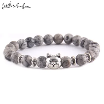 Little MingLou Fashion Trendy Cute Cat Charm men bracelet Lava Natural Stone 8mm Beads yoga Bracelets Bangles for women Jewelry