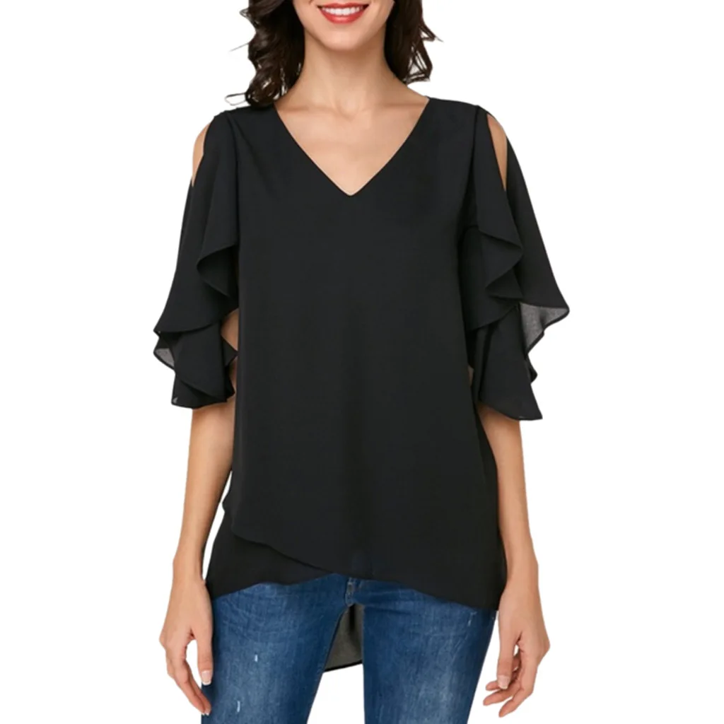 

Blouse Woman Casual Summer Solid Sexy V Neck Butterfly Sleeve Asymmetry Shirt Tops Plus Size Women Streetwear blusas H30