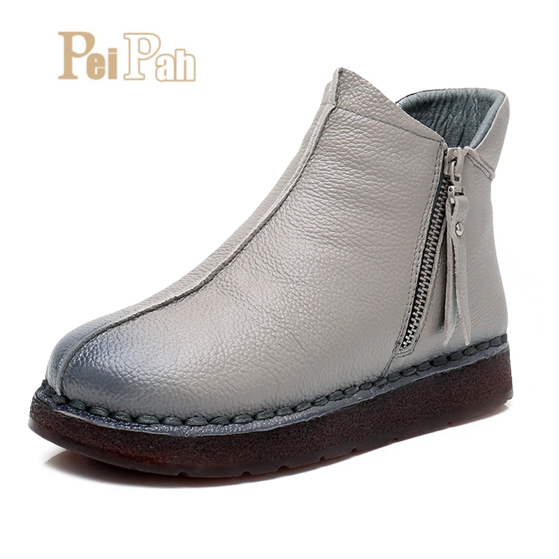 

PEIPAH Women Boots Winter 100% Genuine Leather Women Ankle Boots Winter Retro Handmade Casual Flat Snow Shoes Martin Boots