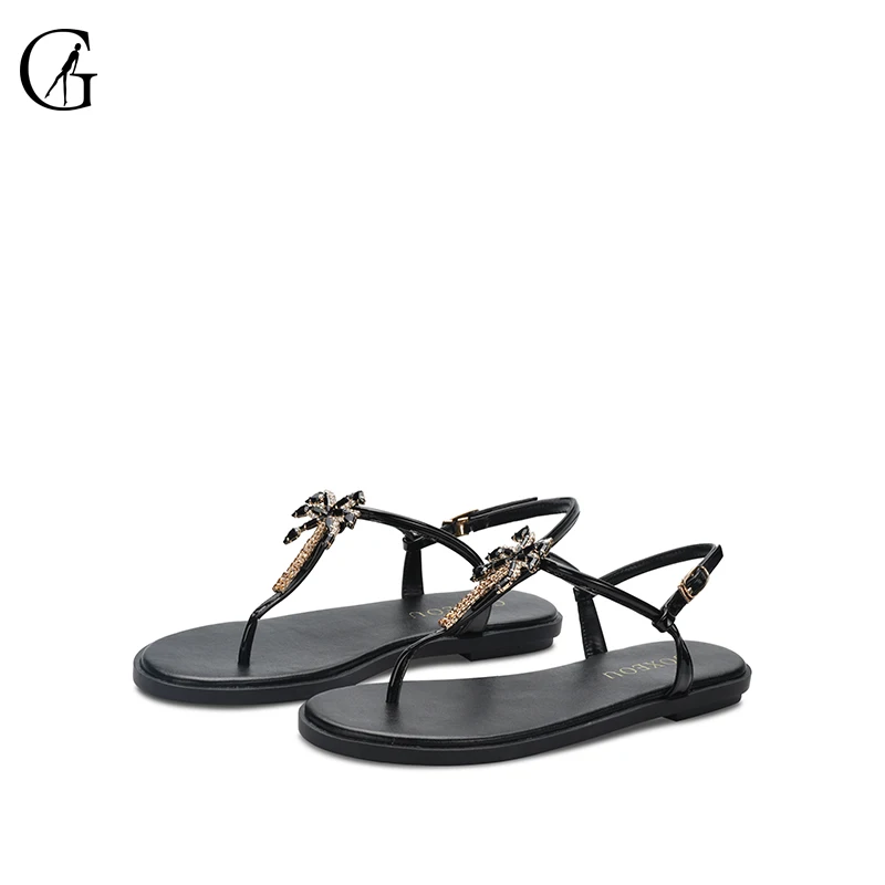 

GOXEOU/2019 Spring and Summer Black Painted Leather Button Fashion Flat-soled Sandals free shipping size32-46