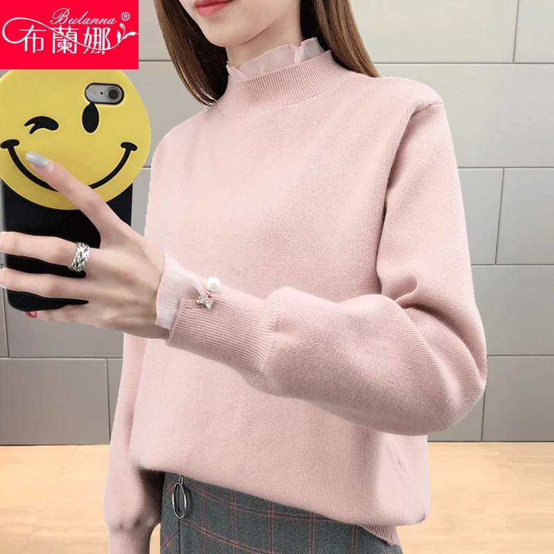 

Korean sweet chiffon splicing loose sweater jacket fashionable knit shirt backing pearls mesh flare sleeve turtleneck sweaters