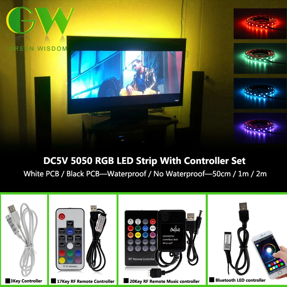 

DC5V RGB LED Strip 5050 USB TV Background Lighting 60LEDs/m with 17Key RF Controller 50cm / 1m / 2m Set