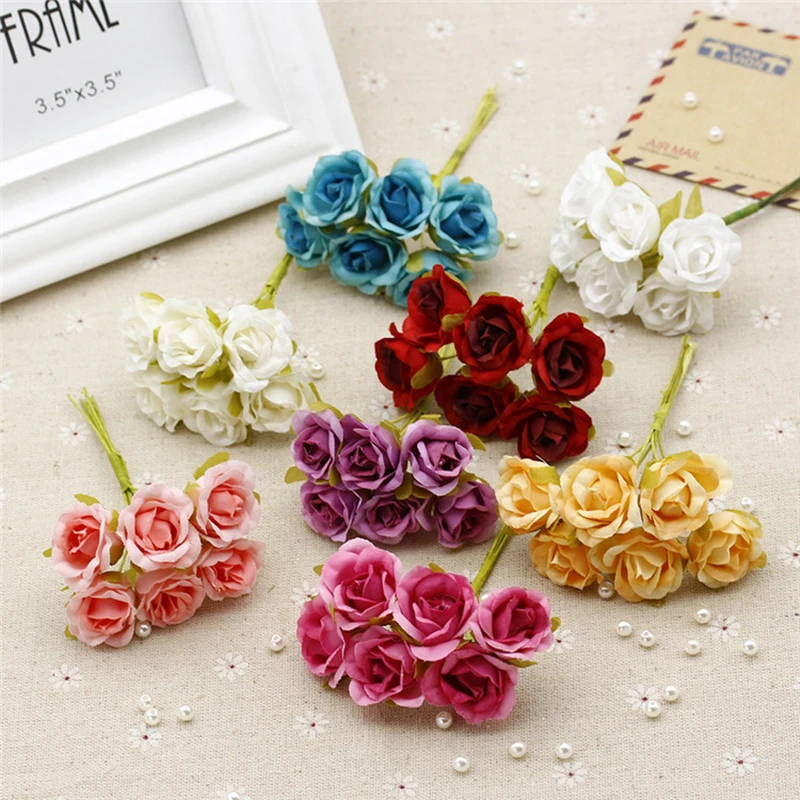 Zinmol 6pcs/lot 2 cm Silk Mini Rose Artificial Flower Bouquet Diy Wreath String For Wedding Party Gift Scrapbooking Accesories | Дом и сад