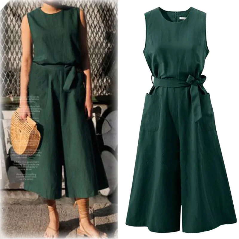 

L-4XL 2019 Summer Plus size Women Jumpsuits Casual Sleeveless Large size Ladies Jumpsuits Rompers Cotton Linen Wide Leg Overalls