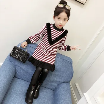 

2017 new children girls thickening cashmere dresses big girl 120-160 winter striped dresses fashion clothes